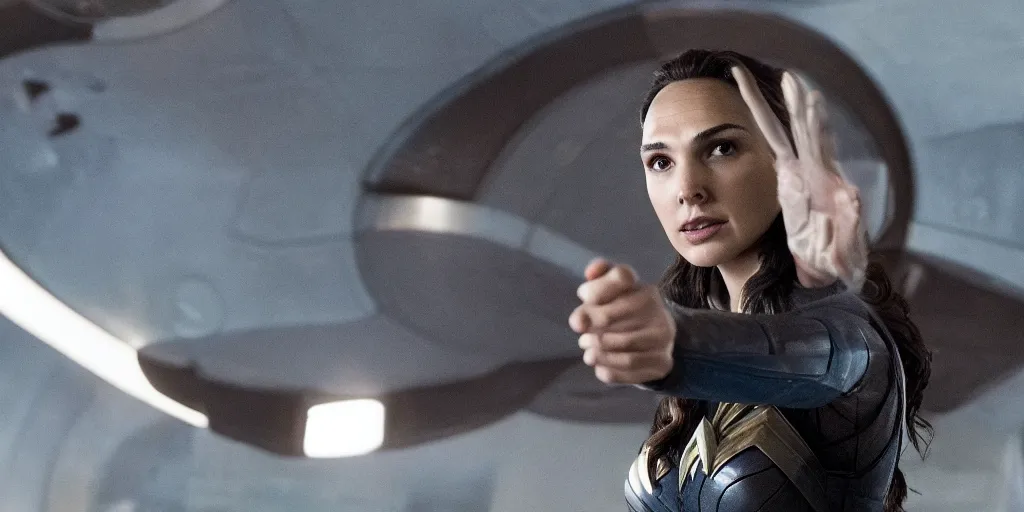 Prompt: Gal Gadot, in full starfleet uniform, is the captain of the starship Enterprise in the new Star Trek movie