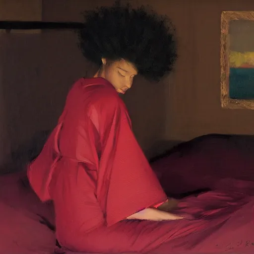 Prompt: girl with afro, in red kimono, backview, sitting on edge of bed, by jeremy lipking, tim rees, joseph todorovitch