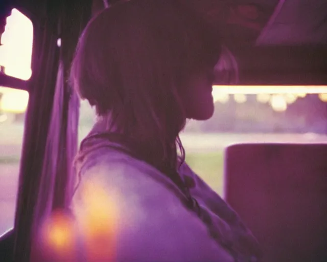 Image similar to lomo photo of shy goth girl sitting in empty bus, sunset, cinestill, bokeh