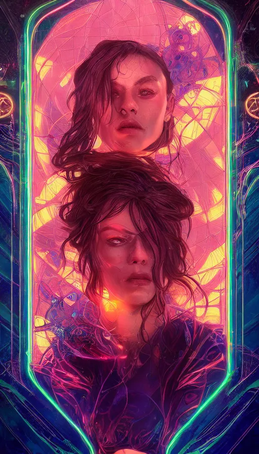 Prompt: tarot card, altered carbon, neon, fool, dreamy vibe, fibonacci, sweat drops, insane intricate, highly detailed, digital painting, artstation, concept art, smooth, sharp focus, illustration, unreal engine 5, 8 k, art by artgerm and greg rutkowski and alphonse mucha