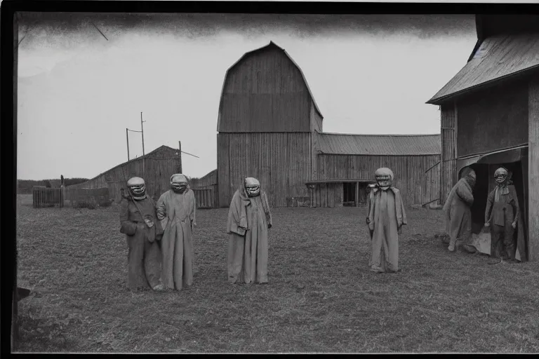 Image similar to vintage photo of villagers wearing weird masks outside a barn by hilla becher, eerie, bizarre, highly detailed shot, dramatic 8 k uhd