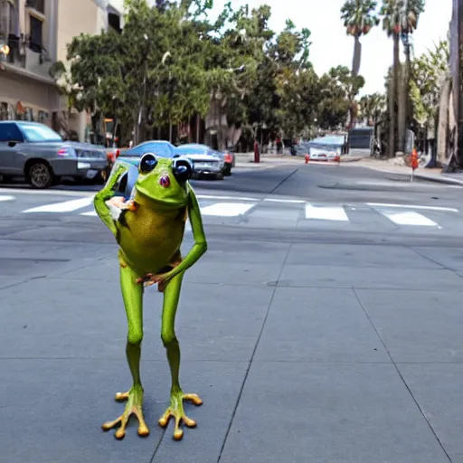 a bipedal frog walking down a busy street in los | Stable Diffusion ...