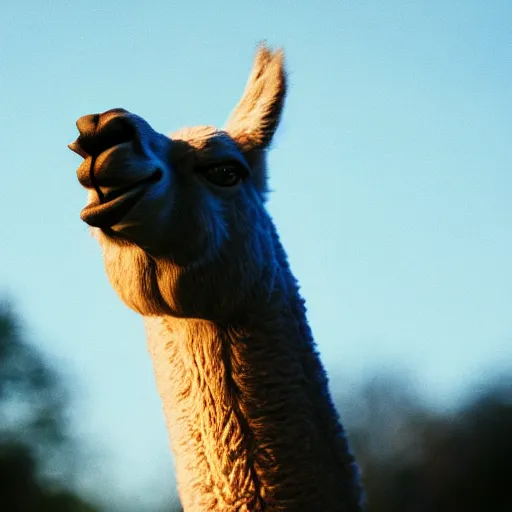 Image similar to film still of a llama in a jersey dunking a basketball like michael jordan, low angle, show from below, tilted frame, 3 5 °, dutch angle, extreme long shot, high detail, indoors, dramatic backlighting.