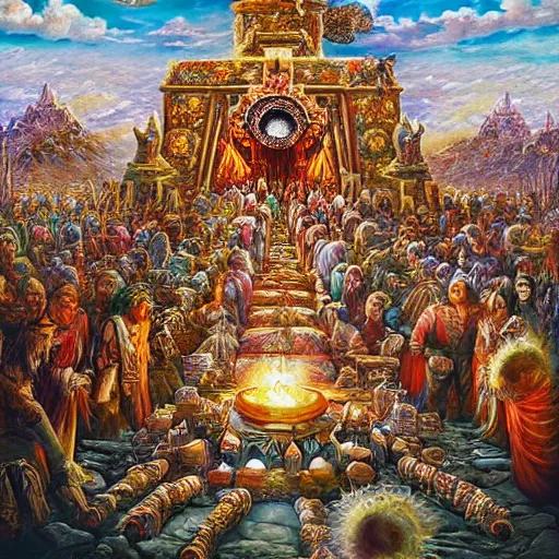 Image similar to desert festival called the sacrifice that occurs every ten years, during this event all members of society must make sacrifices on a large altar, fantasy art illustration, highly detailed and intricate