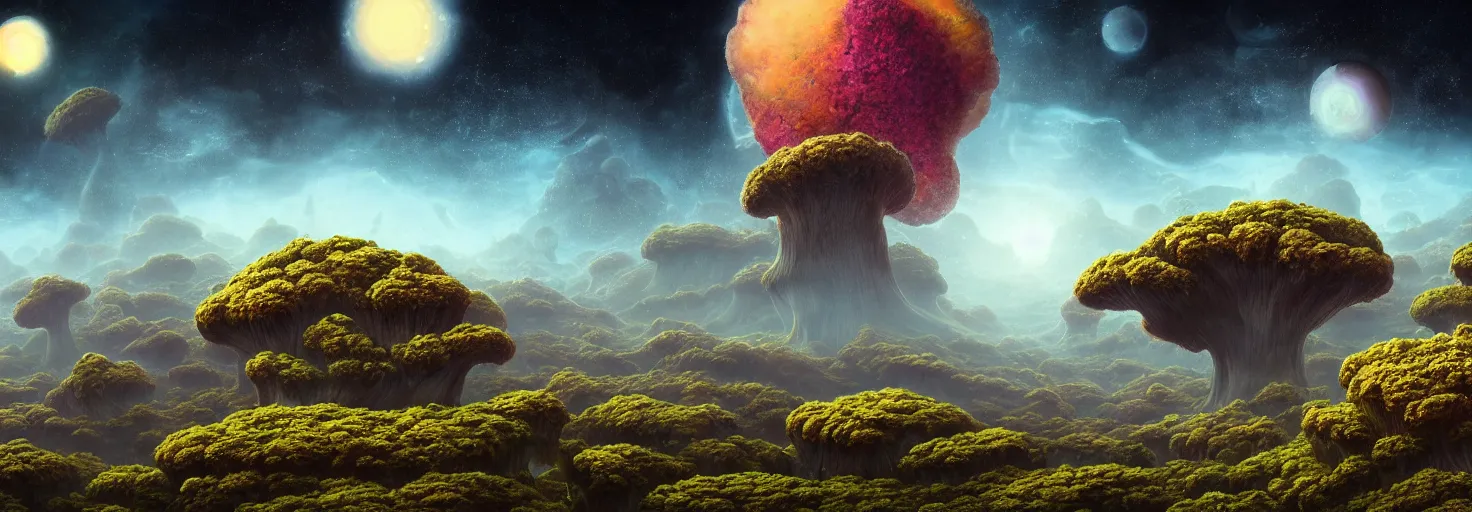 Prompt: a view of a surreal alien variated planetary fractal landscapes with gigantic fungus and flora of varying sizes scattered across the vast landscapes, surreal clouds, floating islands, 4 k, retro, detailed, beautiful view, vibrant, planets in the skies, trending on artstation