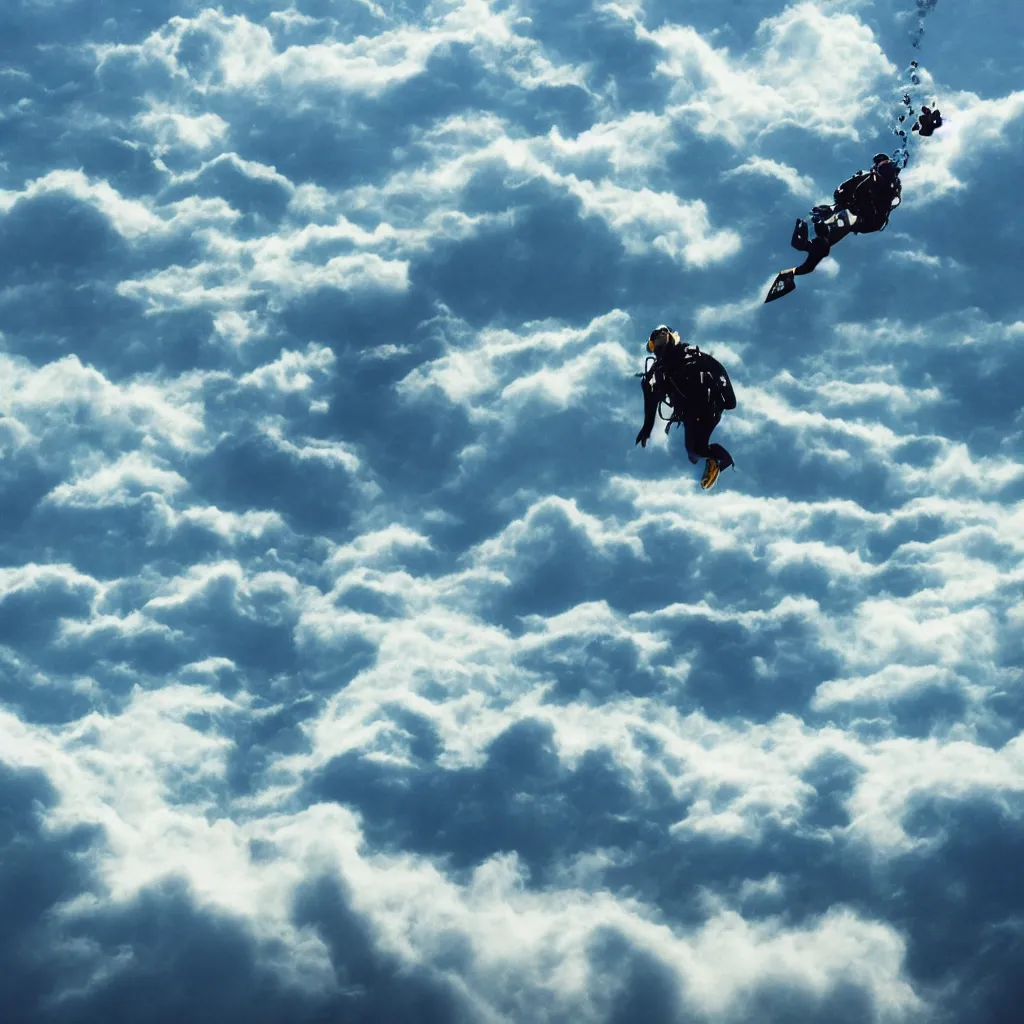 Image similar to a scubadiver floating above the clouds, graphic art
