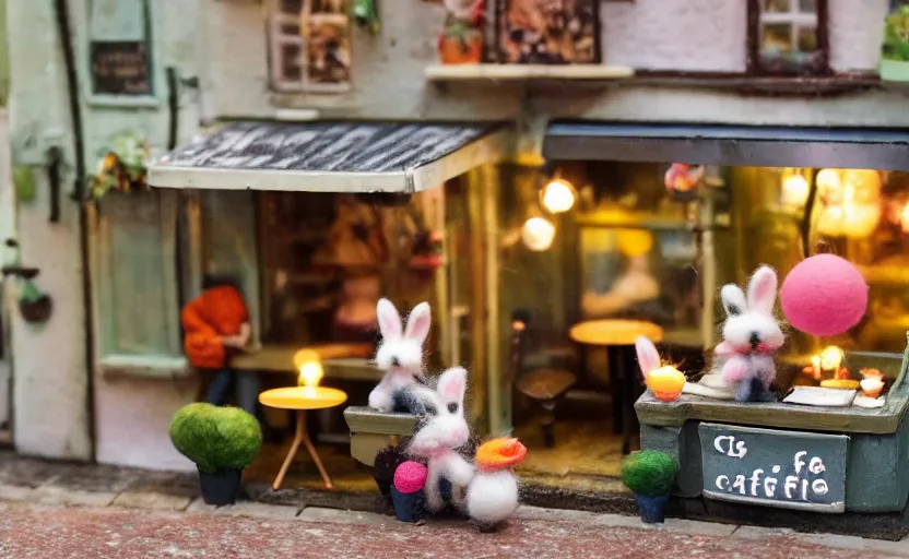 Prompt: miniature cafe diorama macro photography, cafe with felted bunnies, alleyway, ambient, atmospheric, british, cozy, bokeh, romantic, colorful lanterns