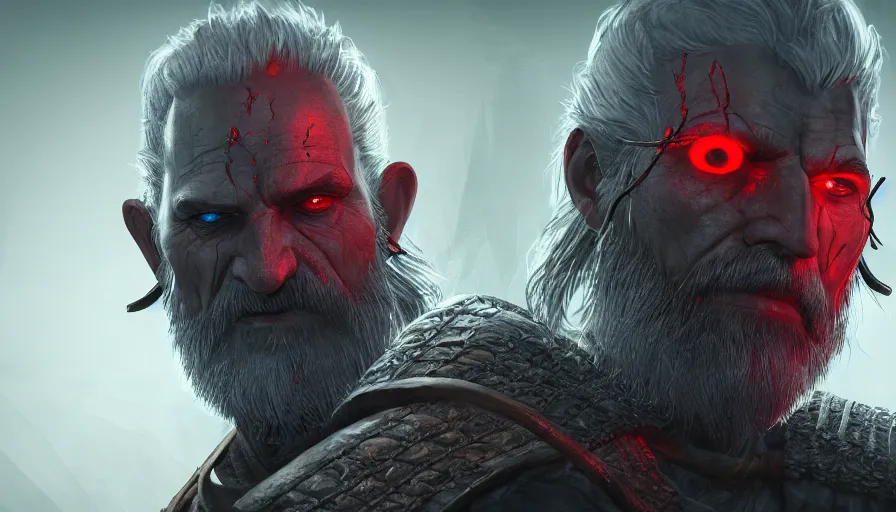 Image similar to a digital art portrait of an old pale warrior with glowing red eyes and grey beard character design from dark souls, old witcher character sheet, 4 k, ultra detail, volumetric lighting, unreal engine, octane render