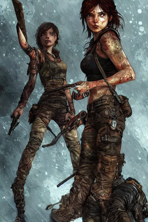 Image similar to daughter of ellie from the last of us and lara croft from tomb raider. fashion, fantasy, art by ayami kojima, vasnetsov, cedric peyravernay