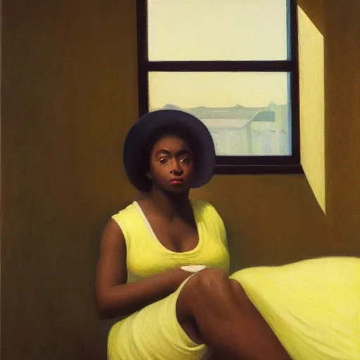 Prompt: a beautiful young black girl in a liminal hotel room, daguerreotype by edward hopper, by henri rousseau, by Bosch, art noveau, highly detailed, strong lights, liminal, eerie, Bright pastel colors, octane render, 8k,