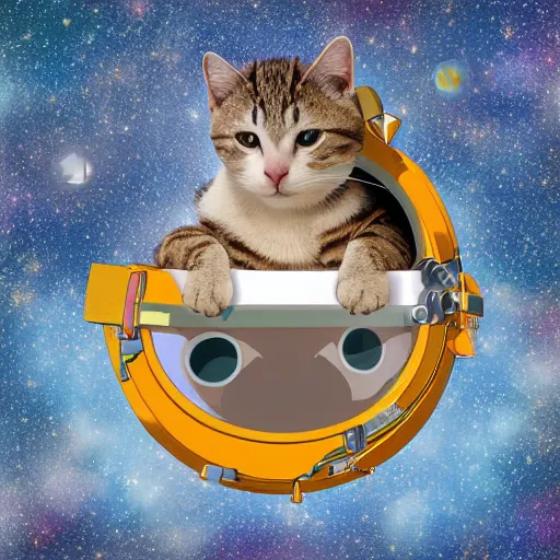 Image similar to astronaut cat on board the sputnik 2, holding a cute cat in his paws, earth can be seen from the round space window, realistic, photo, detailed