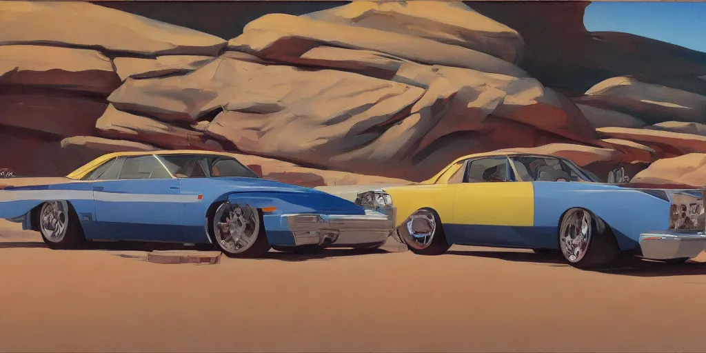 Prompt: art style by Ben Aronson and Edward Hopper and Syd Mead, wide shot view of utah rocks, on ground level. full view of the hybrid design any two cars from 1980's, with wide body kit modification and dark pearlescent holographic paint.