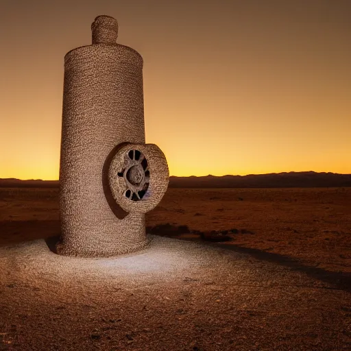 Image similar to a james turret sculpture in the middle of a desert at night,