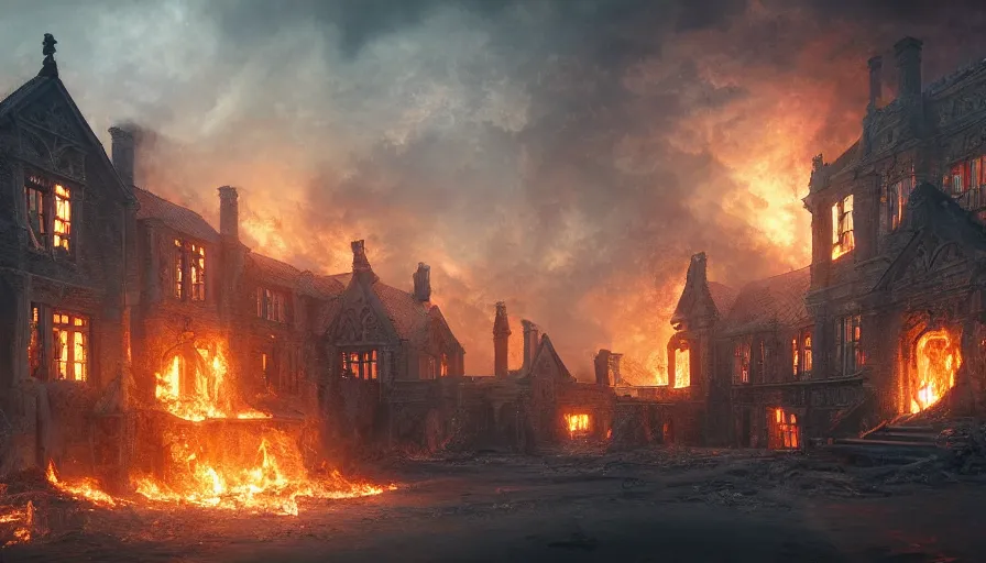 Image similar to Ashes of a burning manor, hyperdetailed, artstation, cgsociety, 8k