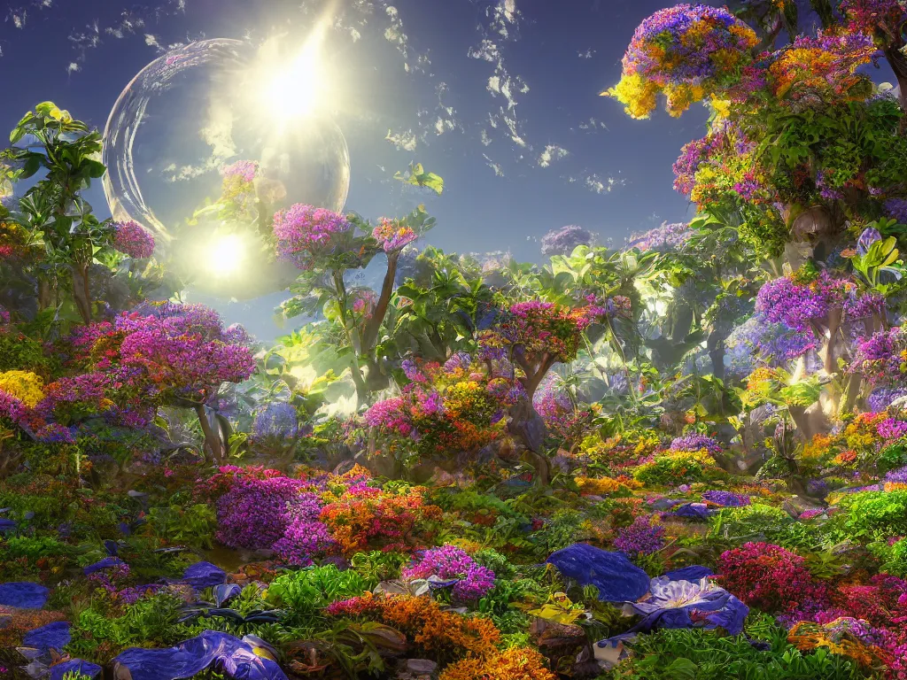 Image similar to 3 d render, the universe is a spheroid region 7 0 5 meters in diameter, sunlight study, art nouveau, by rachel ruysch and charles henry gifford and ( ( ( ( ( lisa frank ) ) ) ) ), kauai springtime, 8 k, extreme detail, sharp focus, octane render