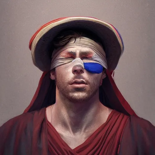 Prompt: portrait of a blindfolded man in baggy multicolored robes and a large straw hat, detailed face, highly detailed, cinematic lighting, digital art painting by greg rutkowski