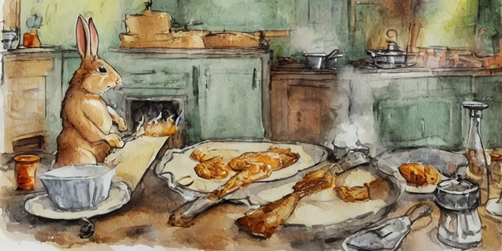 Image similar to a rabbit cooking food inside a french cozy kitchen, realistic watercolour