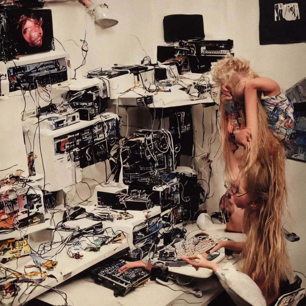 Prompt: a punk blonde teenager from behind working on a amiga 2000 connected to a sony v-5000 camera and genlock in his teen room, 1989, colors, hyperrealistic, cinematic, Annie Leibovitz