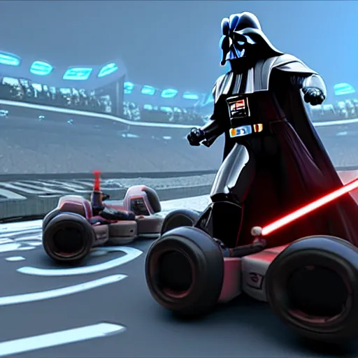 Image similar to still image of darth vader driving in mario kart tour deluxe race, unreal engine 5, 3 d, octane