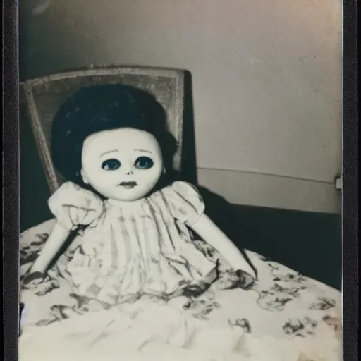 Prompt: a very beautiful old polaroid picture of a creepy doll in a bedroom on a bed, award winning photography