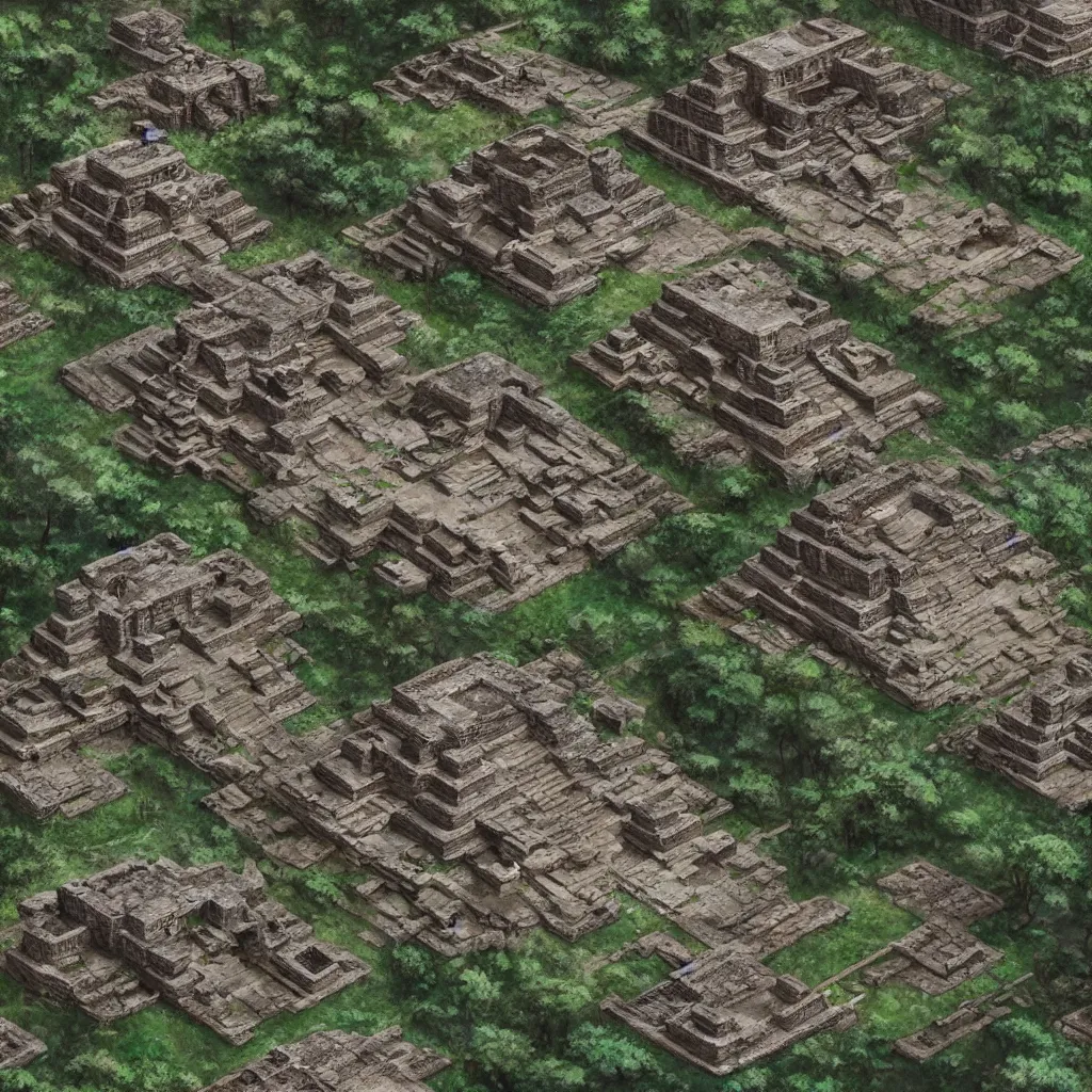 Prompt: Detailed map of ancient mayan ruins in a 2.5D video game, by Greg Rutkowski