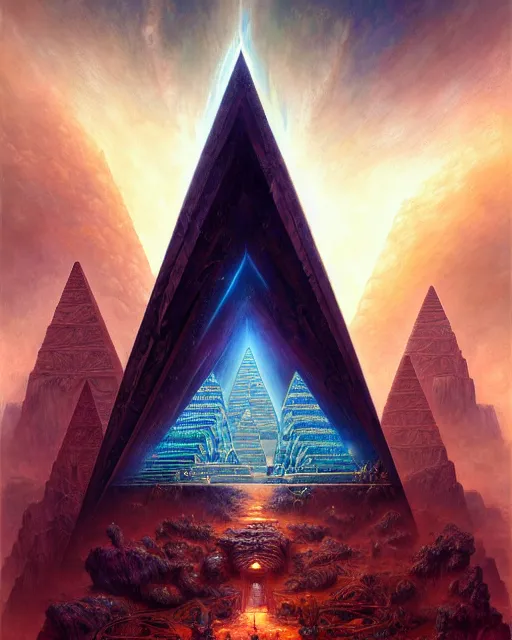 Image similar to inside a fractal pyramid made of pyramids and eyes fantasy character portrait, ultra realistic, wide angle, intricate details, blade runner artifacts, highly detailed by peter mohrbacher, boris vallejo, hajime sorayama aaron horkey, gaston bussiere, craig mullins