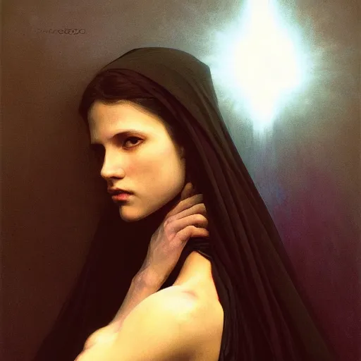Prompt: awe-inspiring award-winning concept art painting of attractive figure in black shrouds called the ghost of the moonbow queen, rainbow, by Michael Whelan, William Adolphe Bouguereau, John Williams Waterhouse, and Donato Giancola, cyberpunk, extremely moody lighting, glowing light and shadow, atmospheric, shadowy, cinematic, 8K