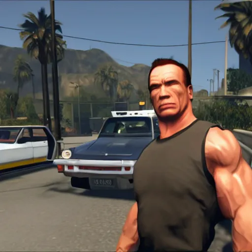 Image similar to GTA V arnold schwarzenegger screenshot stealing a cop car