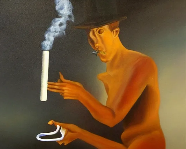 Image similar to a surreal painting of man smoking a joint