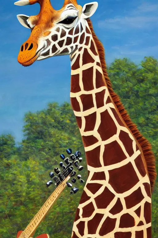 Image similar to a giraffe playing guitar at woodstock, oil on canvas, intricate, portrait, 8k highly professionally detailed, HDR, CGsociety