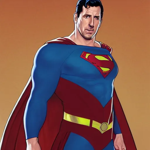 Image similar to portrait of Adam Sandler as superman, comedic, intricate, headshot, highly detailed, digital painting, artstation, concept art, sharp focus, illustration, art by artgerm and greg rutkowski and alphonse mucha