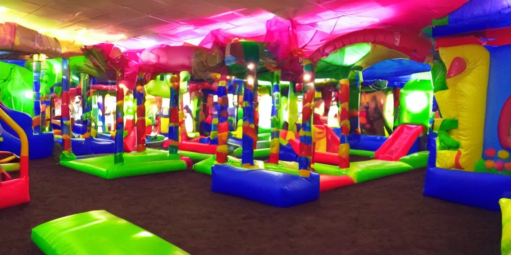 Image similar to a darkly lit indoor playplace bounce house photo taken with a deposable camera, limital space