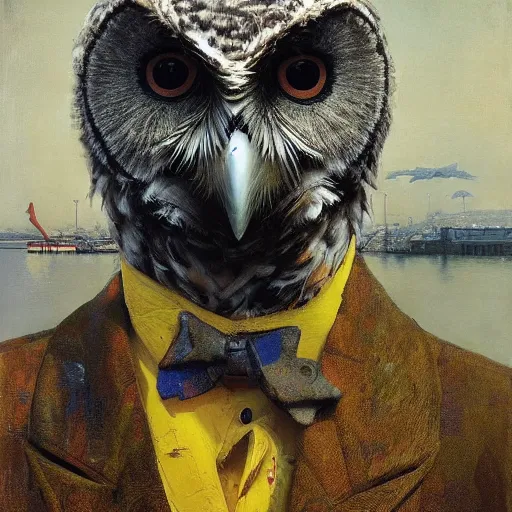 Image similar to shredded physique feathered tall neck beak Portrait of Henry James camouflaged as Owl whilst wearing a yellow tuxedo Standing atop a Garbage Truck Greg Rutkowski Vik Muniz clarence holbrook carter Andrew Wyeth Dan Witz