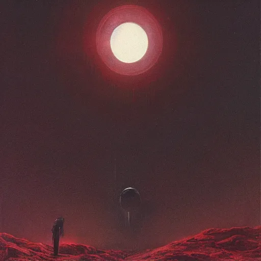 Image similar to ultra realistic, astronaut looking up at big eerie hell cathedral on a destroyed planet, Zdzisław Beksiński style, black and red background, occult, photo realistic, dark atmosphere