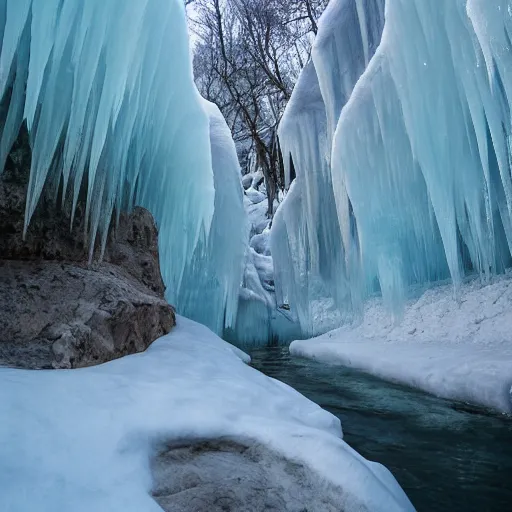 Image similar to ice cave with low ceiling and narrow rough river running through it, surreal, icicles,