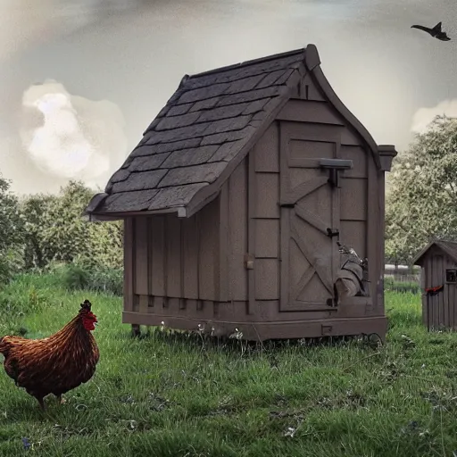 Prompt: a chicken coop built by a witch, realistic, 8 k, extremely detailed, cgi, trending on artstation, hyper - realistic render, by greg rutkowski