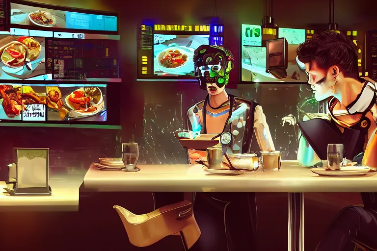 Prompt: two robot ordering food in a restaurant, cyberpunk city, 4k, detailed, digital art