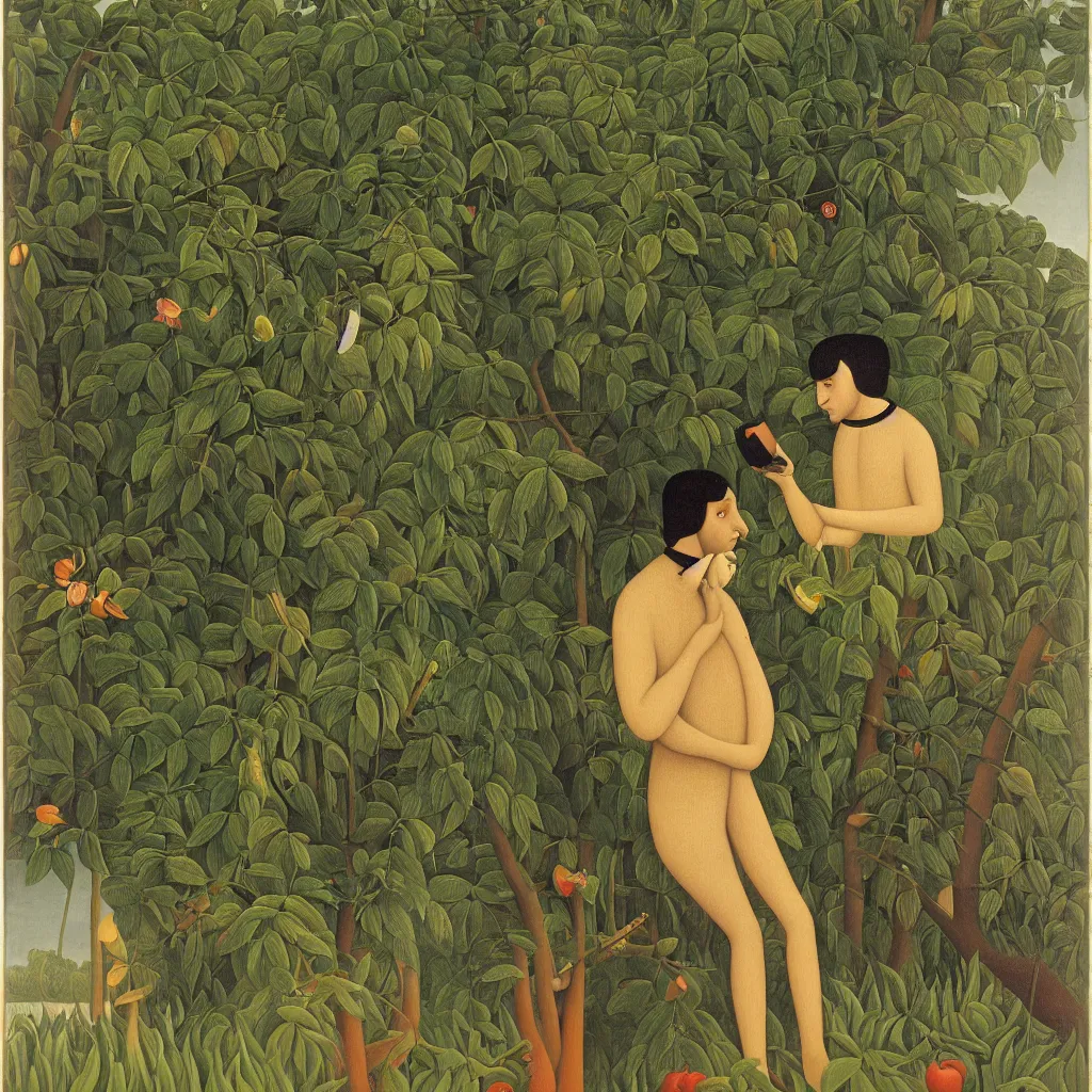 Image similar to i, a man wearing headphone and playing his iphone, by henri rousseau