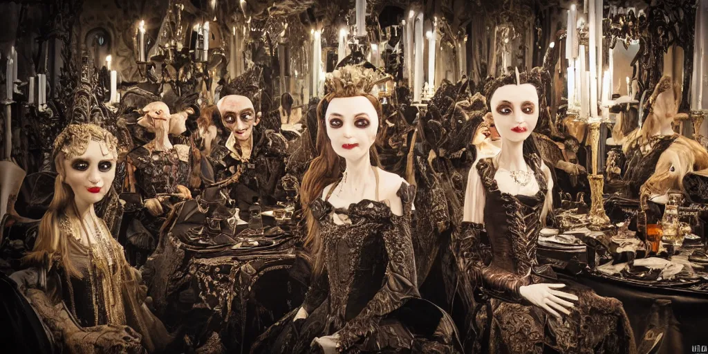 Prompt: photo taken of an epic intricate, ultra detailed, super realistic stop motion puppets of a majestic gracious regal aristocratic vampires in an indoor banquet hall filmset created by weta workshop directed by tim burton, menacing, wide angle, moody full body shot, photorealistic, sharp focus, gloomy, extremely cold blueish colour temperature, 3 5 mm, f 1. 4