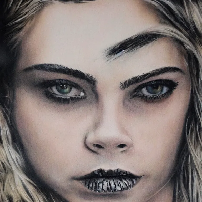 Image similar to Street-art portrait of Cara Delevingne in style of Banksy, photorealism, elegan woman, smiling, clear eyes