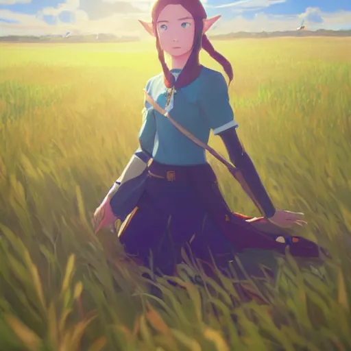 Image similar to zelda in a field. cgsociety masterpiece, artstation trending, by rossdraws, ghibli, kimi no na wa, greg rutkowski, simon stalberg, greg manchess