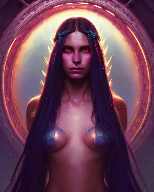 Image similar to epic fantasy render portrait of a beautiful bioluminescent woman with glowing eyes, dark retrowave, highly detailed, digital painting, cinematic, hyperrealism, rpg portrait, dynamic lighting, art by stefan kostic and magali villeneuve and alphonse mucha, artstation, octane render, cgsociety