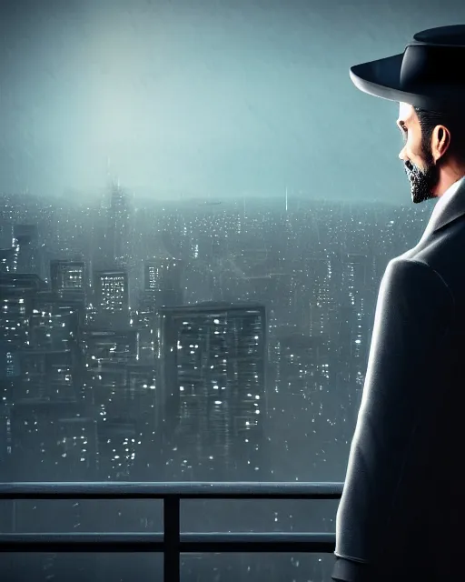 Prompt: a night rooftop scene, close up shot of a photorealistic gangster wearing a trench coat looking at the city below, unreal engine, hyper realism, realistic shading, cinematic composition, by Tarmo Juhola