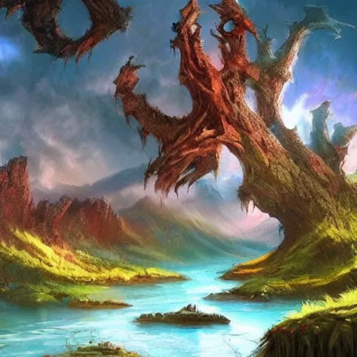 Image similar to a very beautiful stunning scenic landscape, fantasy, concept art