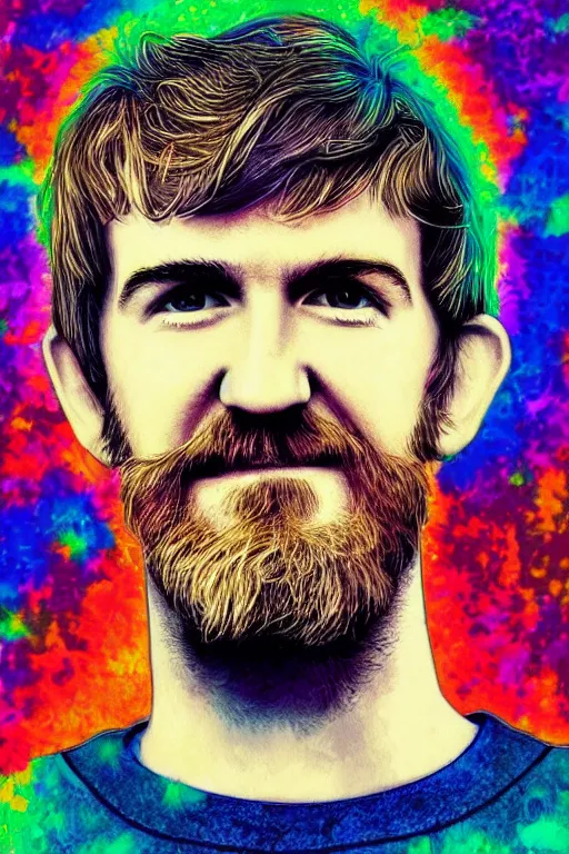 Image similar to inspirational style hope poster of bo burnham with beard, psychedelic colors, highly detailed, realistic, loving