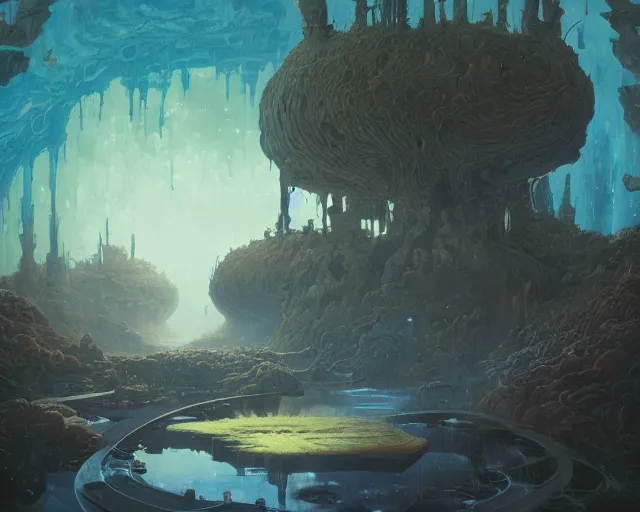 Prompt: The terraforming machine, on dark paper, ink dropped in water , tarmo juhola,peter mohrbacher, ivan laliashvili, james gurney, moebius, roger dean