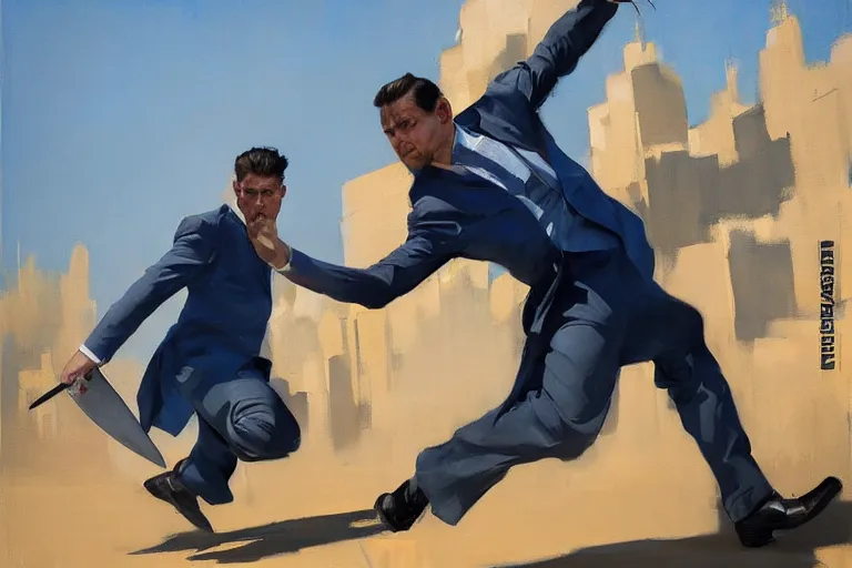 Image similar to greg manchess portrait of throwing knives at a man in a blue suit, profile picture, organic painting, sunny day, matte painting, bold shapes, hard edges, street art, trending on artstation, by huang guangjian, gil elvgren, ruan jia, randy vargas, greg rutkowski