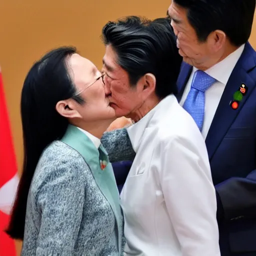 Prompt: Shinzo Abe warmly kisses Tsai Ing-wen.