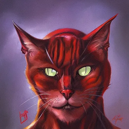 Image similar to portrait of cat demon, coherent! by brom! deep colors, strong lines, high contrast