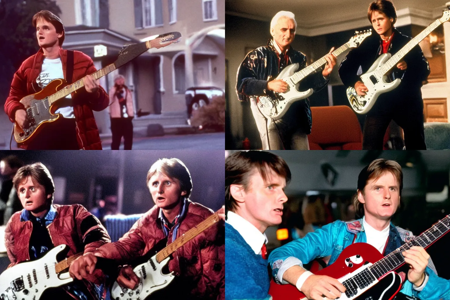 Prompt: Bertie Ahern playing an electric guitar as marty mcfly in back to the future, film still, color, dramatic lighting, 80s,